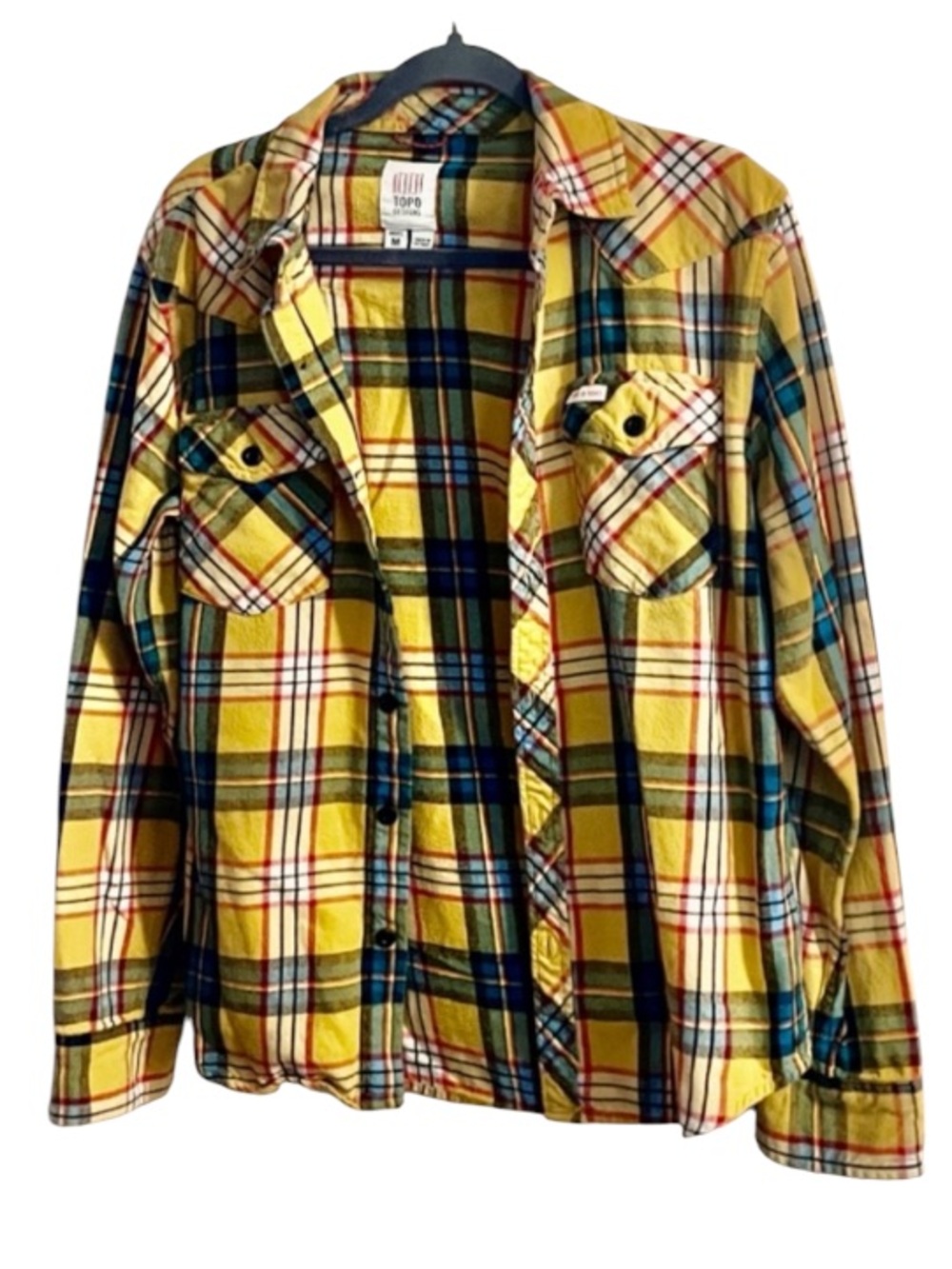 Topo Designs Men’s Yellow Plaid Shirt with Blue & Red Accents